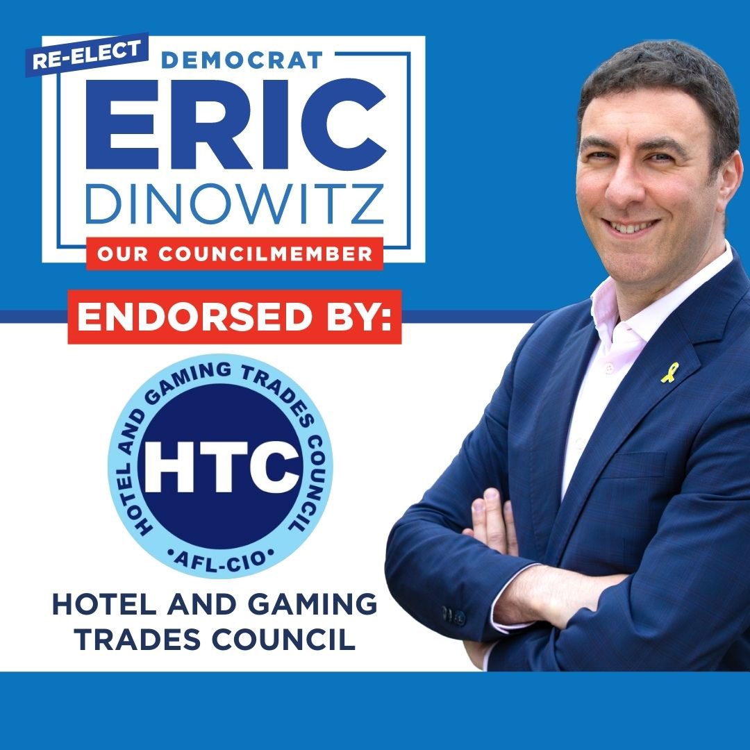 EricDinowitz's tweet image. I’m proud to have the endorsement of the Hotel and Gaming Trades Council, representing over 40,000 employees across New York and New Jersey.
