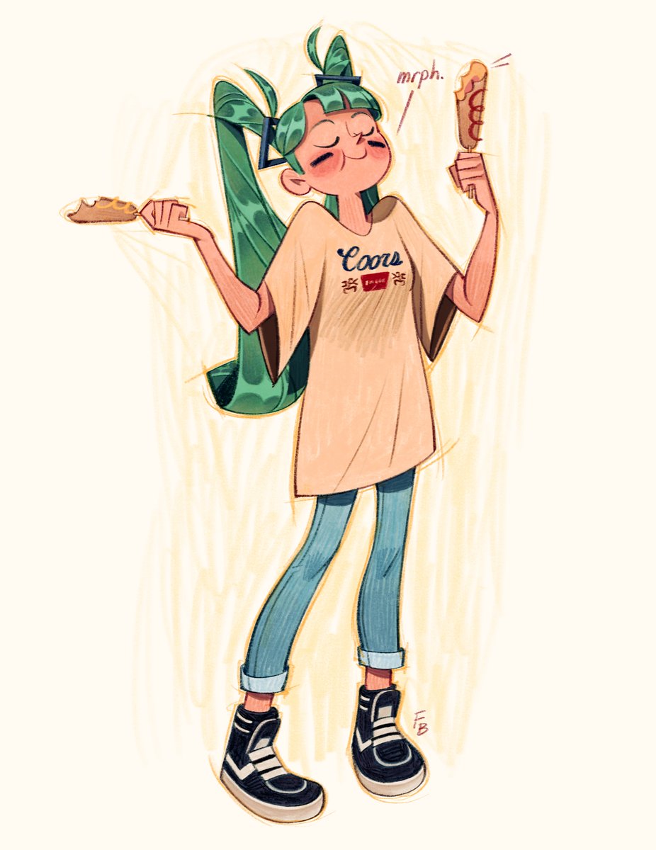 Miku with two corn dogs