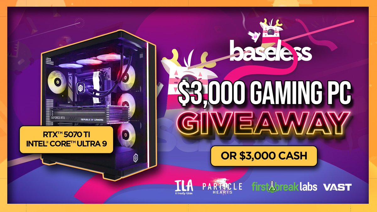 $3,000 RTX 5070Ti Gaming PC or $3,000 Cash Giveaway!

To enter, perform these tasks via the link below:

🔁Repost + Like 

✅Follow <a href="/fermentergames/">Andrew Armstrong ✨ Wishlist Baseless on Steam</a> + <a href="/FirstBreakLabs/">First Break Labs</a>

Enter Here: vast.link/Baseless2
