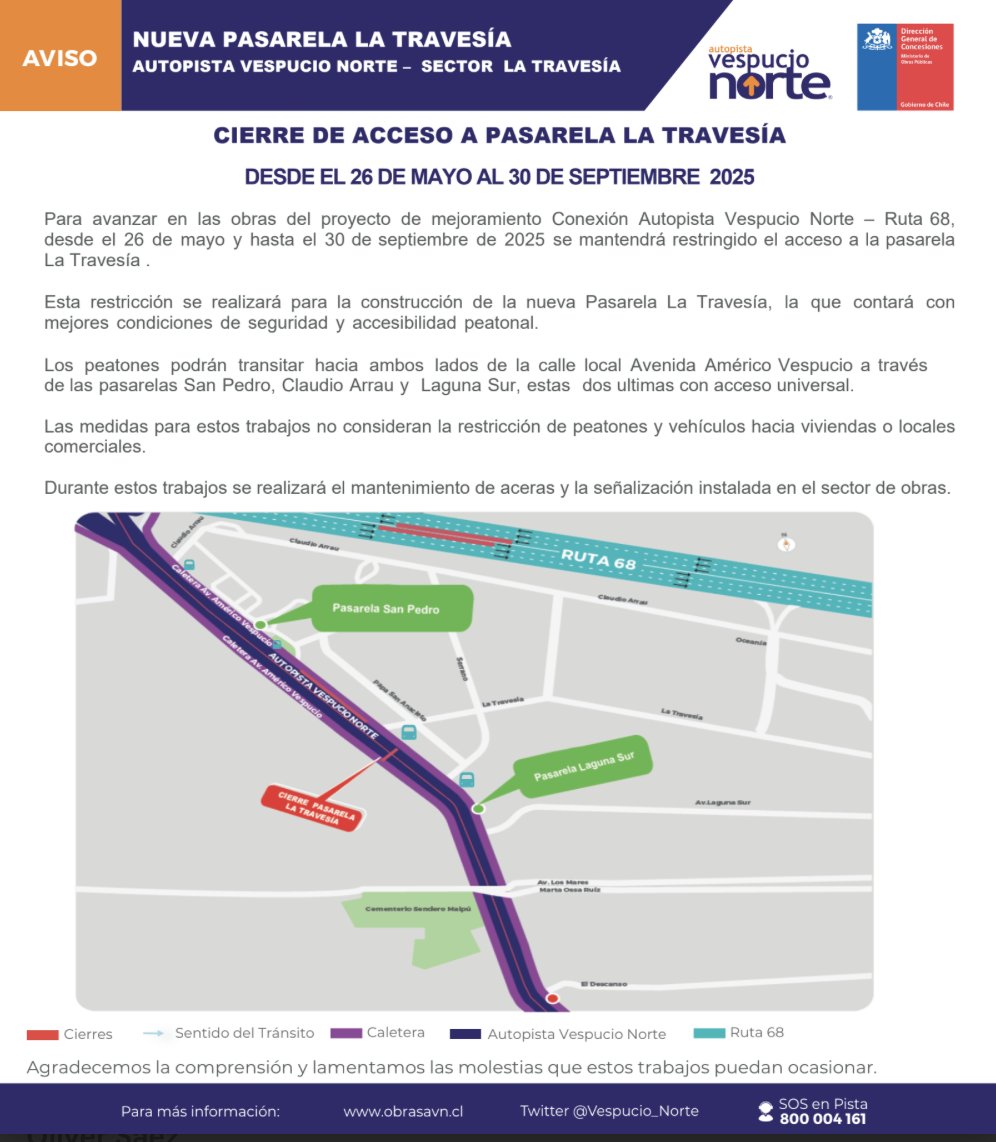 ⚠️Hasta MAR 30 de Septiembre
Cierre Pasarela Peatonal #LaTravesia , Calle Local Oriente y Poniente de #VespucioNorte, por obras de Nueva Pasarela
#PrefieraAlternativas
#Atención a la señalización del lugar
<a href="/mop_chile/">Ministerio de Obras Públicas🇨🇱</a> <a href="/Autop68/">Rutas del Pacífico</a> <a href="/TTISantiago/">TransporteInforma Región Metropolitana De Santiago</a> @RadioCarab