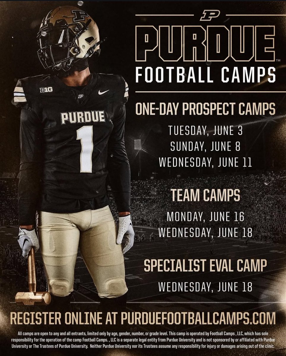 I will be at the university of Purdue camp on Wednesday!!! Ready to showcase my skill!!  And learn more And see what Purdue is all about!!! <a href="/PrepRedzoneIL/">Prep Redzone Illinois</a> <a href="/OJW_Scouting/">PrepRedzone Oliver</a> <a href="/BoilerFootball/">Purdue Football</a> <a href="/youngbloodgreg/">Greg Youngblood</a> <a href="/CoachWillits/">Aaron Willits '08</a> <a href="/MKeeler5/">Coach Mason Keeler</a> <a href="/CoachConard/">Coach C (Conard)</a> <a href="/CoachNJ_Monroe/">Nick Monroe</a> <a href="/Mike_Scherer38/">Michael Scherer</a>