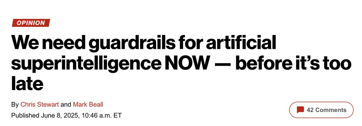 🔥 <a href="/MarkBeall/">Mark Beall</a> and <a href="/RepChrisStewart/">Chris Stewart</a> in <a href="/nypost/">New York Post</a>: 
"We’ve reached a crossroads. The commercialization of AI can secure America’s future, but the weaponization of superintelligence could end it."

"This is President <a href="/realDonaldTrump/">Donald J. Trump</a>'s opportunity. He can drive the AI economy