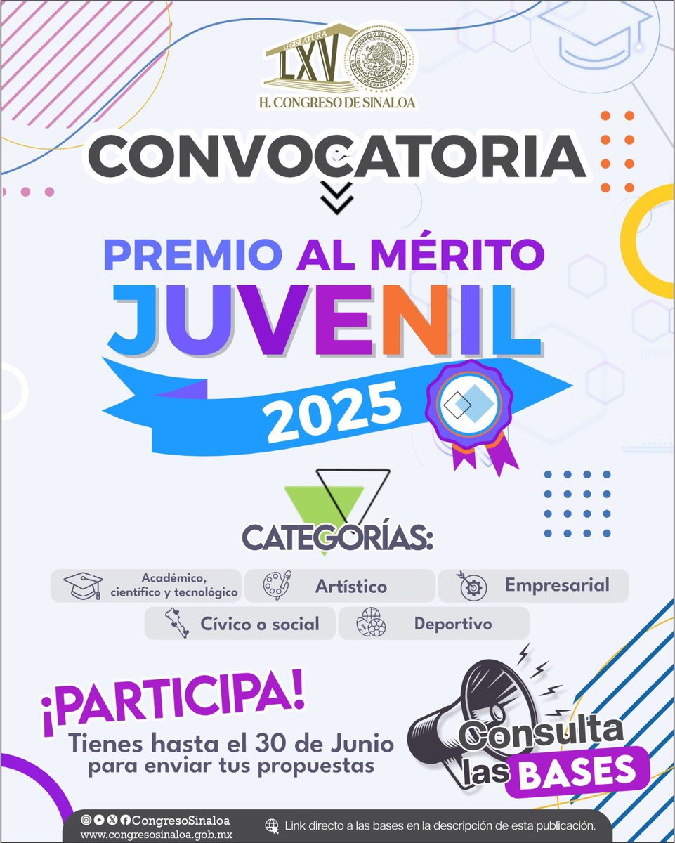 🏅 Premio al Mérito Juvenil 2025

🎓 Académico, científico y tecnológico
🤝 Cívico o social
🎨 Artístico
🏃‍♀️ Deportivo
💼 Empresarial

Las propuestas se recibirán hasta el 30 de junio de 2025.

📎 Consulta la convocatoria completa en 👉 tinyurl.com/2cshkyr6