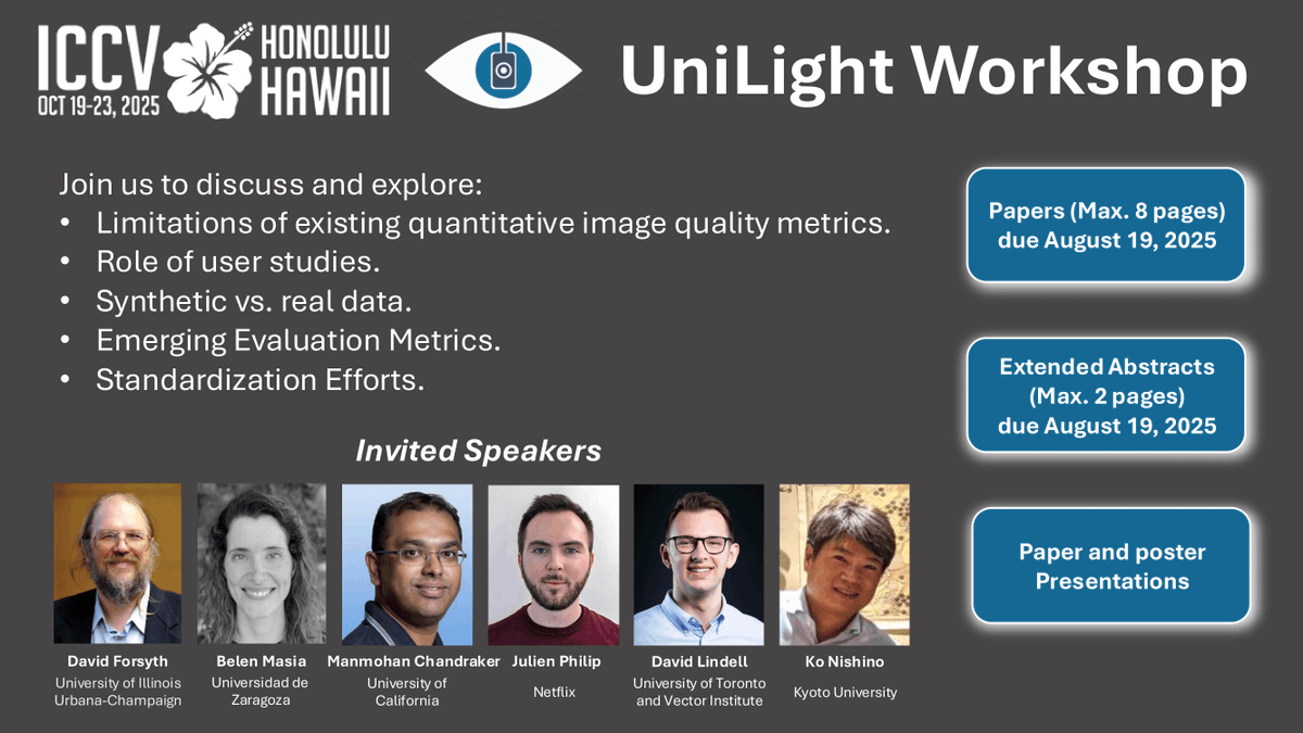 The UniLight Workshop at <a href="/ICCVConference/">#ICCV2025</a> 2025 focuses on the evaluation of lighting-related tasks such as relighting, composition, and harmonization. 

Don’t miss our fantastic speaker line-up!

unilight-workshop.github.io/unilight2025/