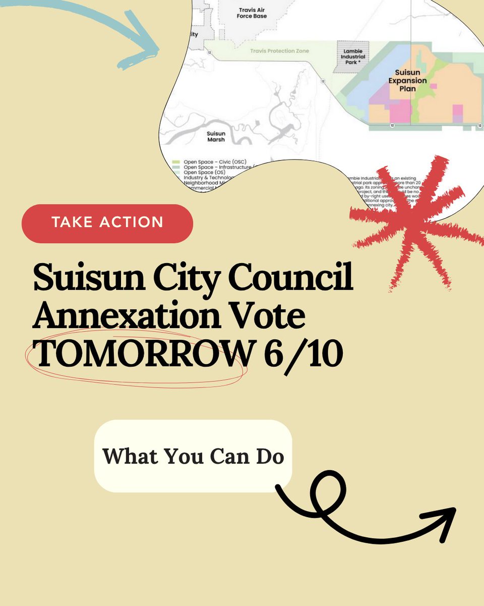 SolanoTogether's tweet image. 🚨 TAKE ACTION: Suisun City votes TOMORROW on annexing 22,000 acres for CA Forever project. Join our prep meeting TONIGHT 7PM at attend the Council meeting tomorrow! solanotogether.org/so/acPTLZwQb?l…