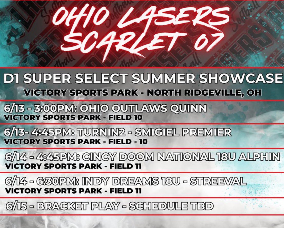 Ohio Lasers Scarlet 07 (@lasersscarlet07) on Twitter photo Schedule for this weekend at <a href="/d1fastpitch1/">D1 Fastpitch</a> D1 Super Select Summer Showcase! See you in North Ridgeville! Schedule for this weekend at <a href="/d1fastpitch1/">D1 Fastpitch</a> D1 Super Select Summer Showcase! See you in North Ridgeville!