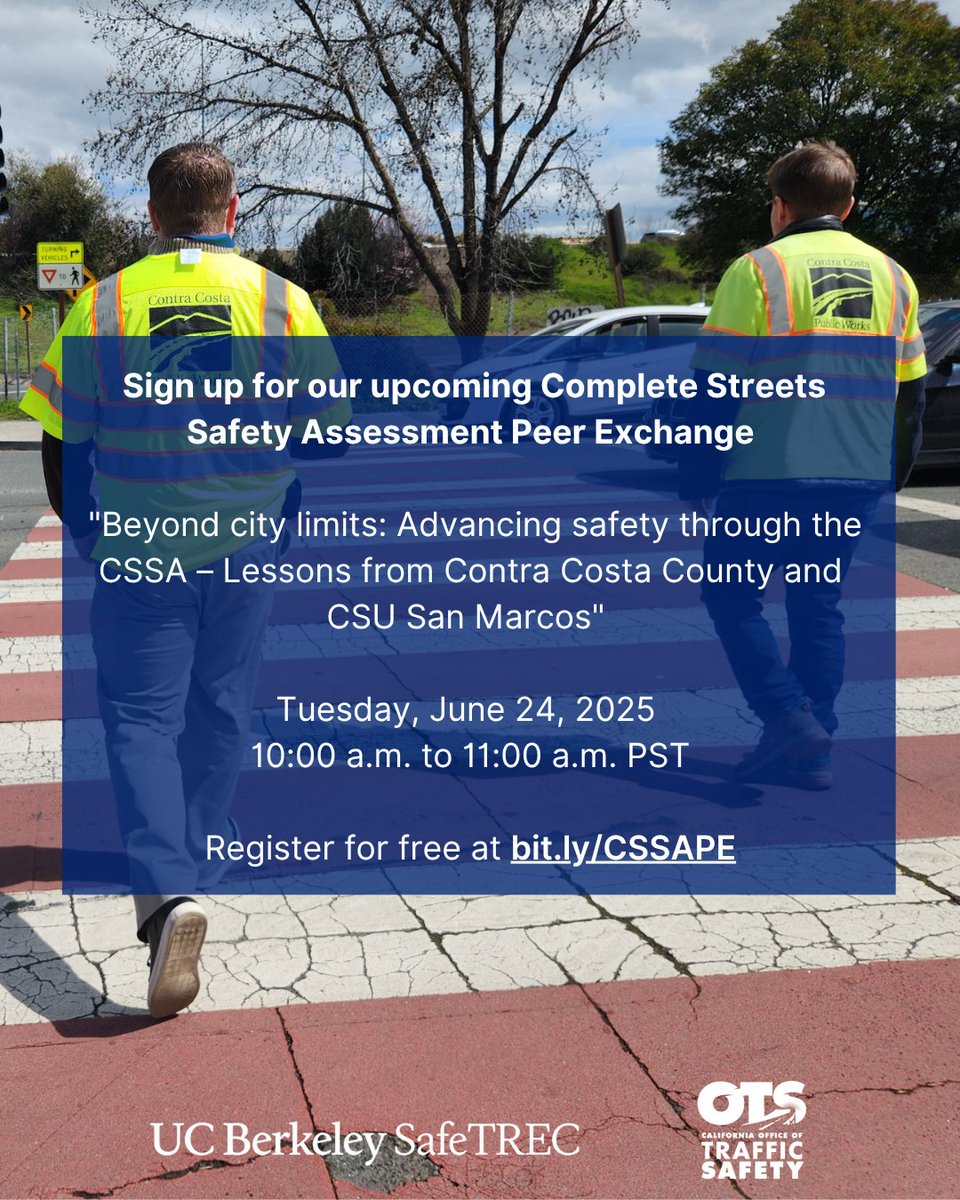 UCBSafeTREC's tweet image. Register now for our next CSSA #PeerExchange on June 24th, &quot;Beyond city limits: Advancing safety through the CSSA – Lessons from Contra Costa County and CSU San Marcos&quot;: safetrec.berkeley.edu/news/registrat… @CCCounty  #CompleteStreets #TransportationSafety #Walk #Bike
