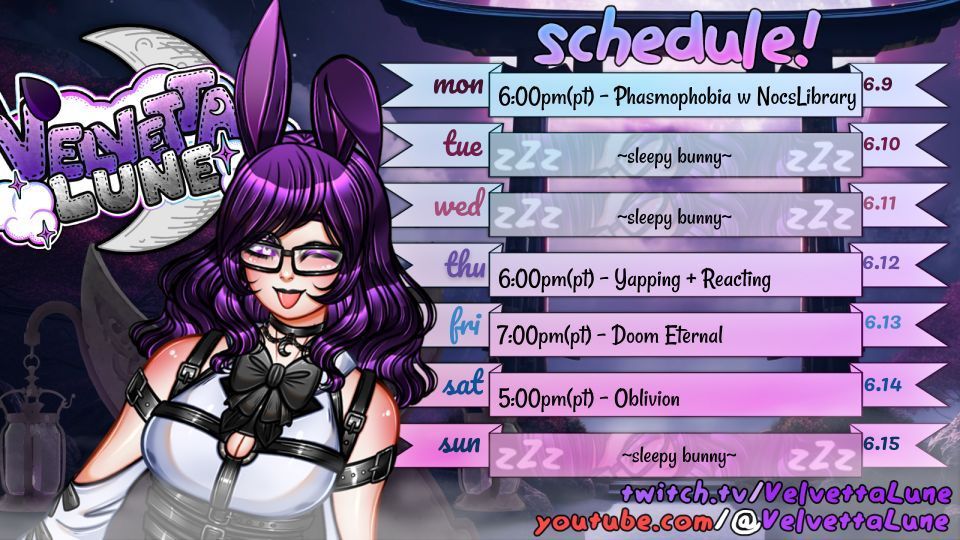 Did you have a nice weekend? Lots to do this week, though we're changing up tonight a bit! I'll be joining <a href="/Nocs_library/">Noc</a> for some ghost hunting in Phasmo~ Oblivion will continue on Saturday! It's hot so remember to stay hydrated okay? See you tonight~ 💜 💜 💜