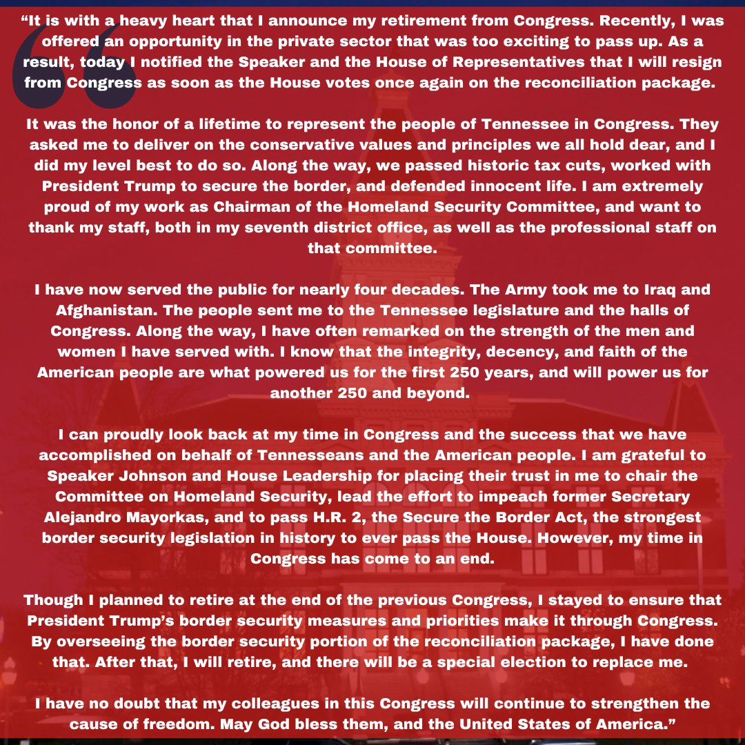 After nearly 40 years of public service, I am stepping back from my position as a Congressman. Thank you to all the people of TN-07 who have supported me during my tenure as their representative.

markgreen.house.gov/2025/6/rep-mar…
