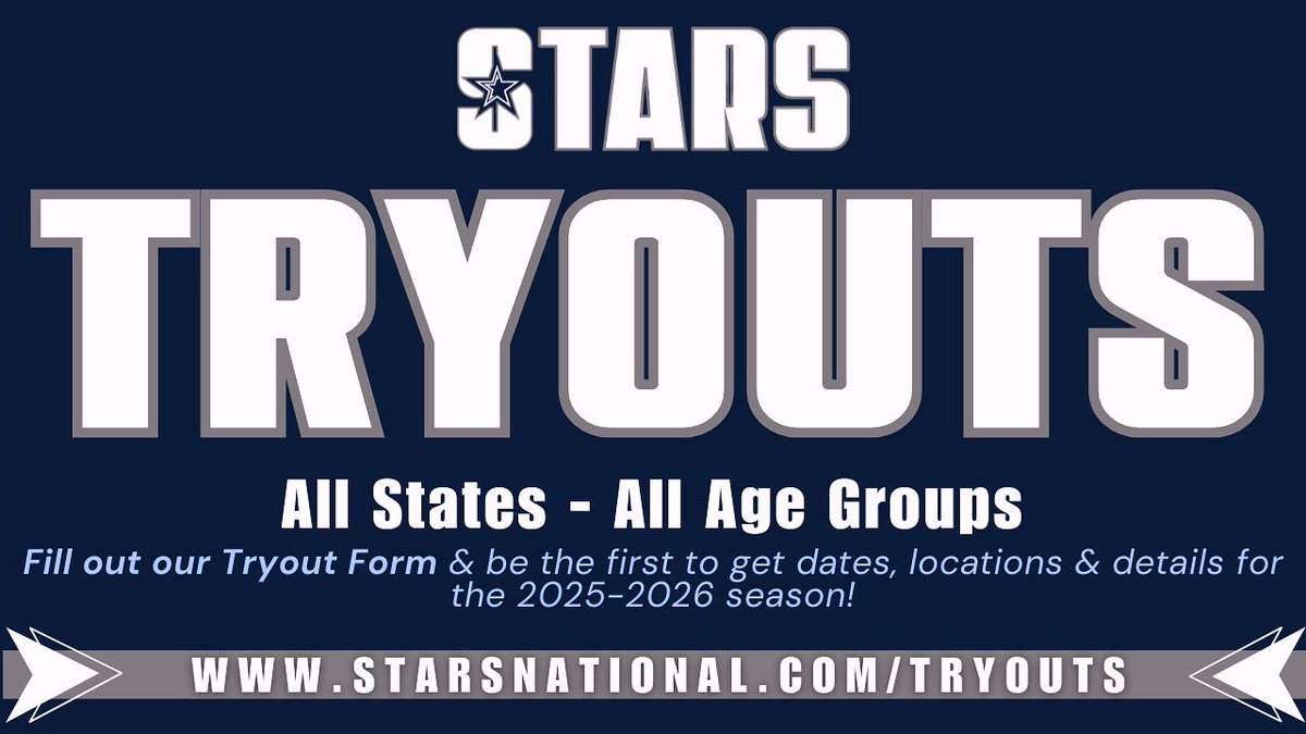 📝Want to receive tryout info for the upcoming season? 🌟

Fill out our Tryout Form and be the first to get dates, locations &amp; details for the 2025-2026 season!

🔗 starsnational.com/tryouts