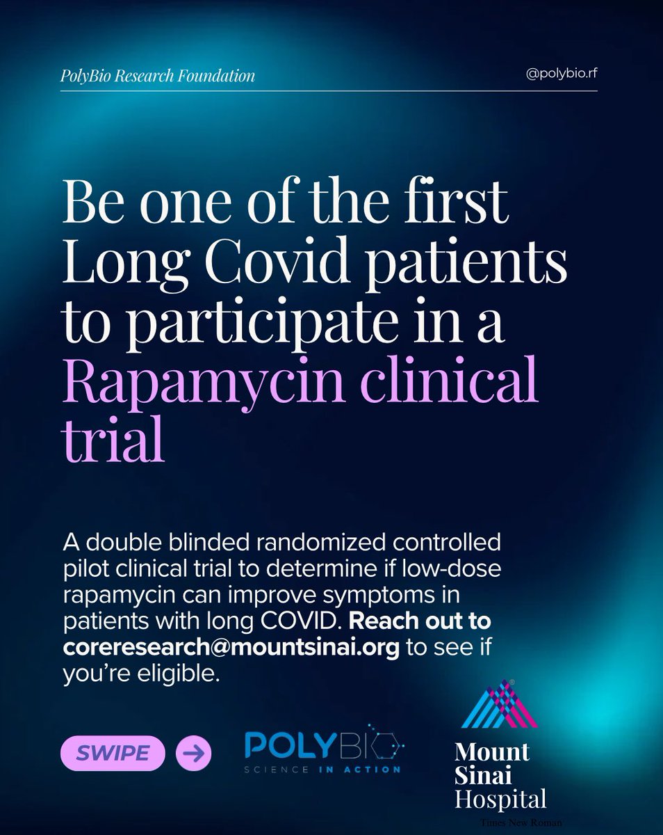 PolyBio (@polybiorf) on Twitter photo 1/ Be one of the first Long Covid patients to participate in a Rapamycin clinical trial!
A pilot clinical trial at <a href="/CoRESinai/">CoRE at Mount Sinai</a> will determine if low-dose rapamycin can improve symptoms in patients with long COVID. 1/ Be one of the first Long Covid patients to participate in a Rapamycin clinical trial!
A pilot clinical trial at <a href="/CoRESinai/">CoRE at Mount Sinai</a> will determine if low-dose rapamycin can improve symptoms in patients with long COVID.