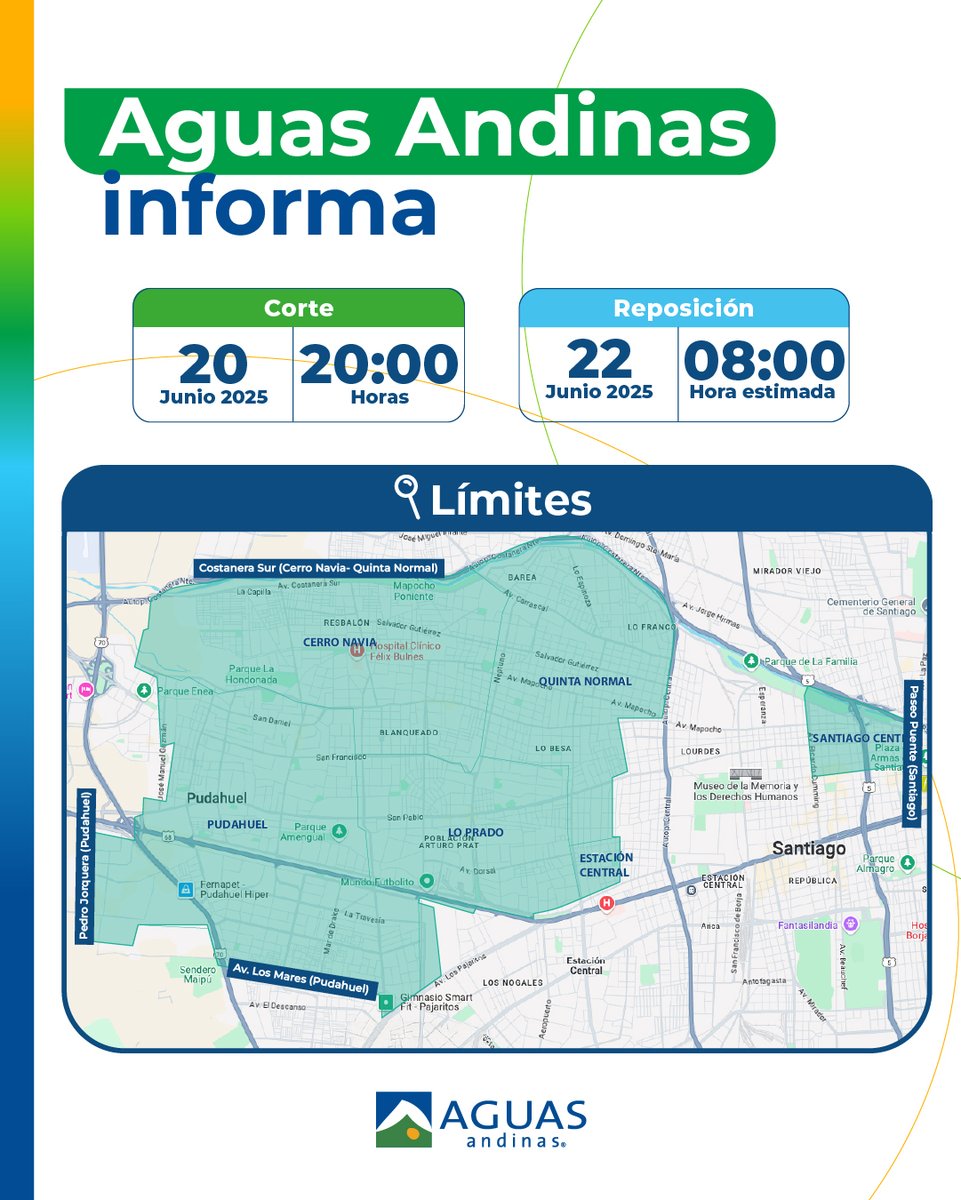 ¡Atención, vecinas y  vecinos de las comunas de Cerro Navia, Estación Central, Lo Prado, Quinta Normal, Pudahuel y Santiago!

Debido a trabajos relacionados con la construcción de la línea 7 de Metro, tendremos que modificar parte de nuestra infraestructura sanitaria en el sector