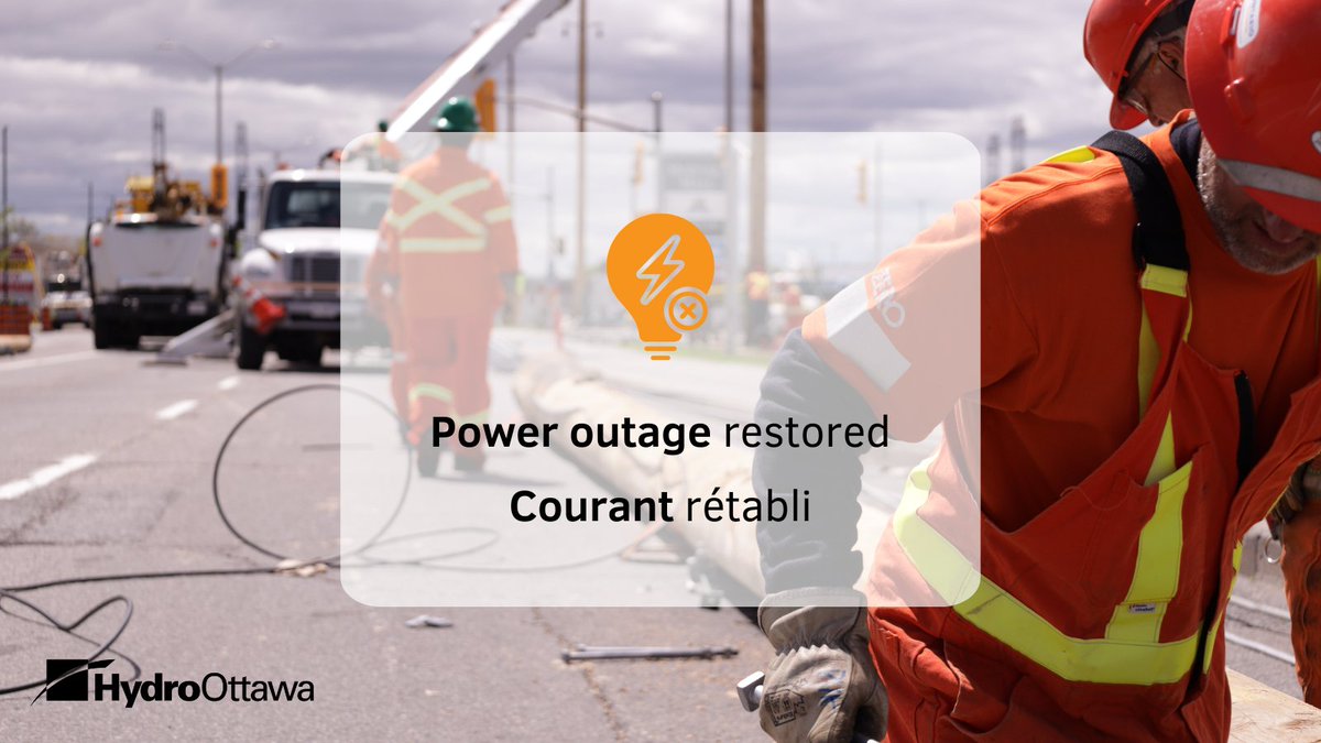 Hydro Ottawa (@hydroottawa) on Twitter photo ⚡POWER RESTORED: Power has been restored to customers impacted by the outage in Bay Ward. Thanks for your patience. If your power is still out, make sure to report it: hydroottawa.com/outagecentre <a href="/tm_kavanagh/">Theresa Kavanagh She/Her</a>
⚡COURANT RÉTABLI: Le courant a été rétabli pour des clients touchés par ⚡POWER RESTORED: Power has been restored to customers impacted by the outage in Bay Ward. Thanks for your patience. If your power is still out, make sure to report it: hydroottawa.com/outagecentre <a href="/tm_kavanagh/">Theresa Kavanagh She/Her</a>
⚡COURANT RÉTABLI: Le courant a été rétabli pour des clients touchés par