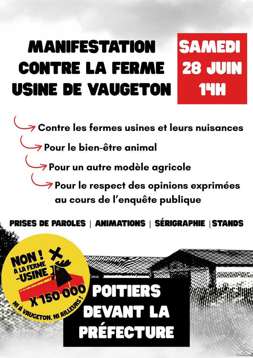 🚨 L’enquête publique est ouverte sur la ferme-usine de Vaugeton !
✍️ Tous les citoyen·nes peuvent donner leur avis.
📣 Et RDV le 28 juin à 14h à la préfecture de Poitiers pour dire NON au projet et faire entendre notre voix au préfet.
#Vaugeton #StopFermeUsine