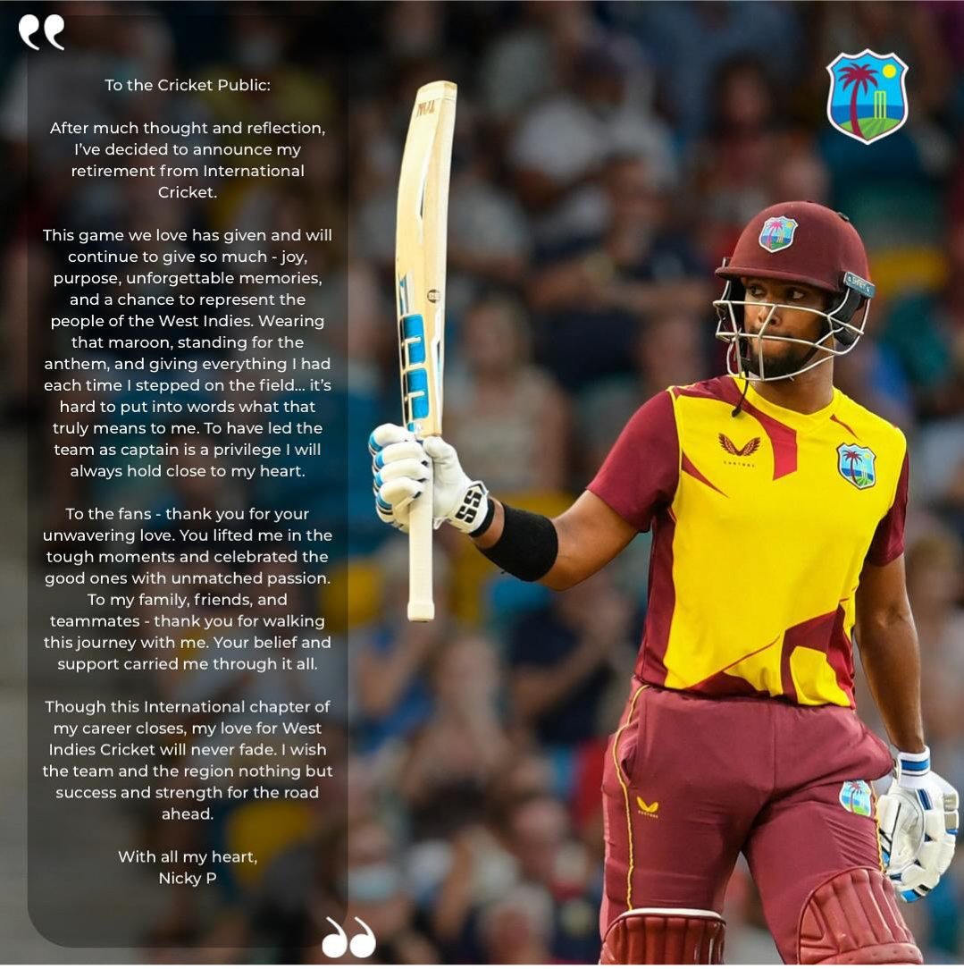 Sporcaster's tweet photo. 🚨 BREAKING: Nicholas Pooran announces his retirement from international cricket at 29 after an emotional message on Instagram 🇹🇹

#NicholasPooran #Retirement #WestIndies #Cricket #ThankYouPooran #NickyP https://t.co/Ej6HaW6Gp8