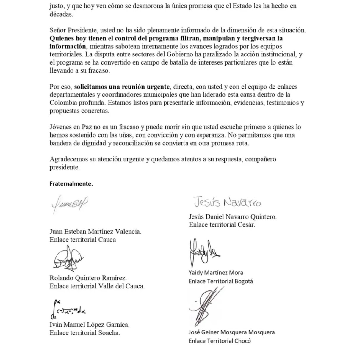 Esta es la carta que envían desde el programa 'Jóvenes en paz' al presidente de la república: