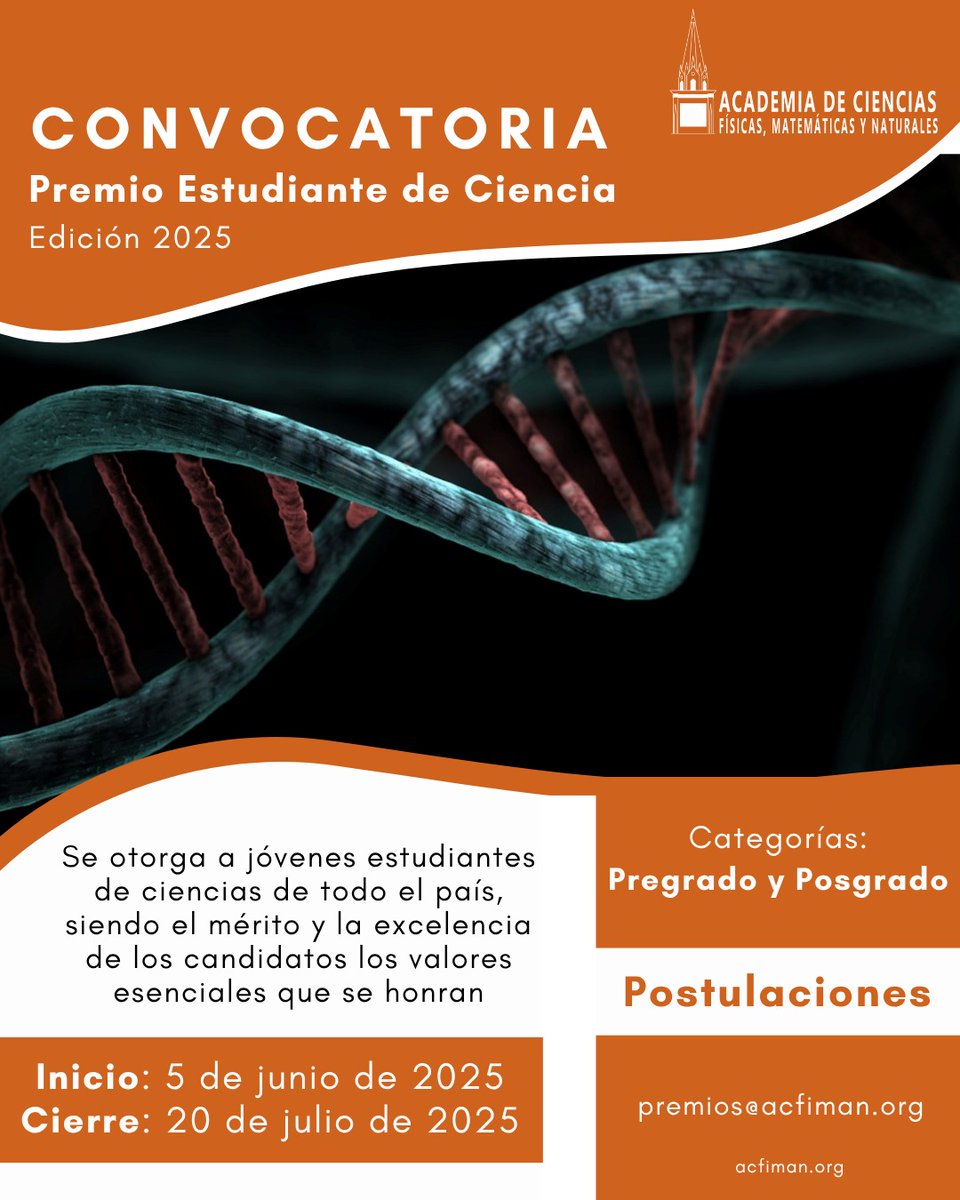 La ACFIMAN anuncia la apertura de la convocatoria 2025 del Premio Estudiante de Ciencia.

El premio se otorga a jóvenes estudiantes de ciencias de todo el país, siendo el mérito y la excelencia de los candidatos los valores esenciales que se honran.

acfiman.org/premios/estudi…