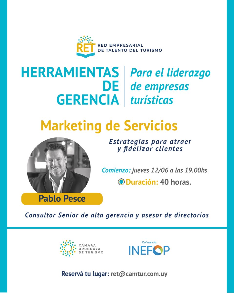 🎯 Marketing de Servicios
¿Cómo atraer y fidelizar más clientes en turismo?
Pablo Pesce te guía en este módulo clave del curso online de CAMTUR.
📅 Arranca el 12/6
🕓 19:00 a 21:30 h
📩 Inscripciones: forms.gle/sS14jbtP6QruZ9…
#TurismoUY #MarketingTurístico #CAMTUR