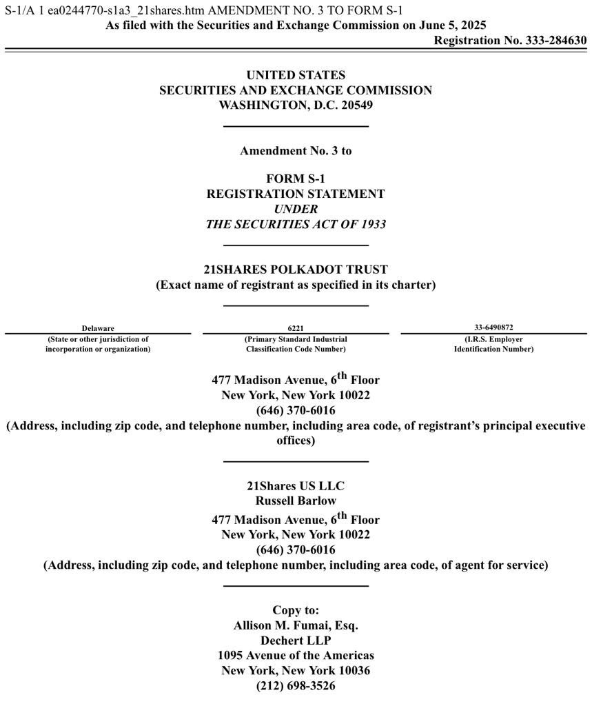 🚨 Just ahead of the SEC’s June 24 decision, 21Shares updated its Spot #Polkadot #ETF filing, addressing #SEC feedback, including an independent audit from Cohen &amp; Company, and bolstering investor protections, to reinforce its push for SEC approval

#dot $dot #cc $crypto $btc