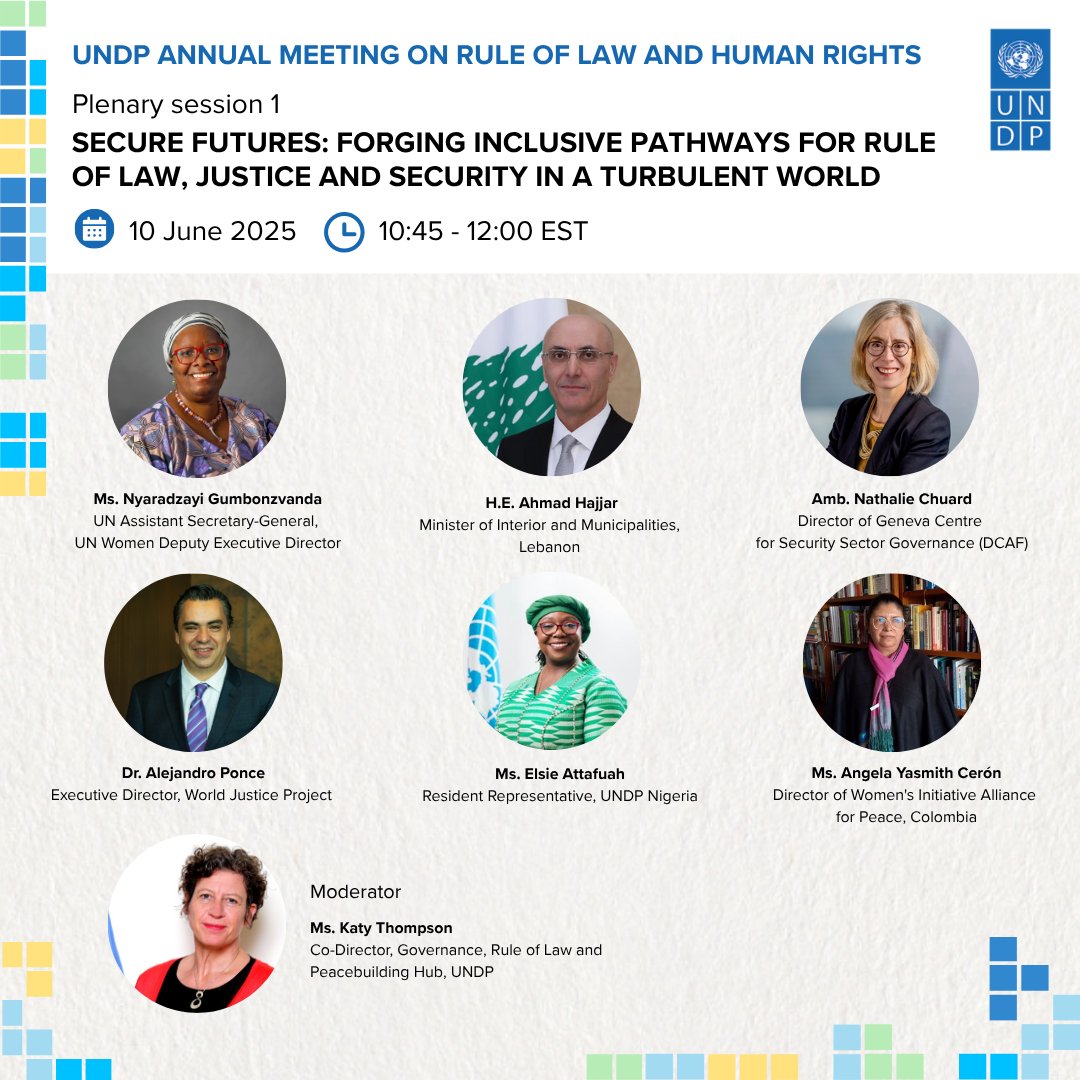 ____________________

Tomorrow don’t miss our session Secure Futures at the # UNDP #RuleOfLaw Meeting!
📍10 June | 🕙10 AM NYT
 🌍 With speakers from Lebanon, Colombia, Nigeria + partners <a href="/UN_Women/">UN Women</a> <a href="/DCAF_Geneva/">DCAF HQ</a> <a href="/TheWJP/">World Justice Project</a>
🔗 Register: go.undp.org/UPu
#RoL4Peace #UNDP