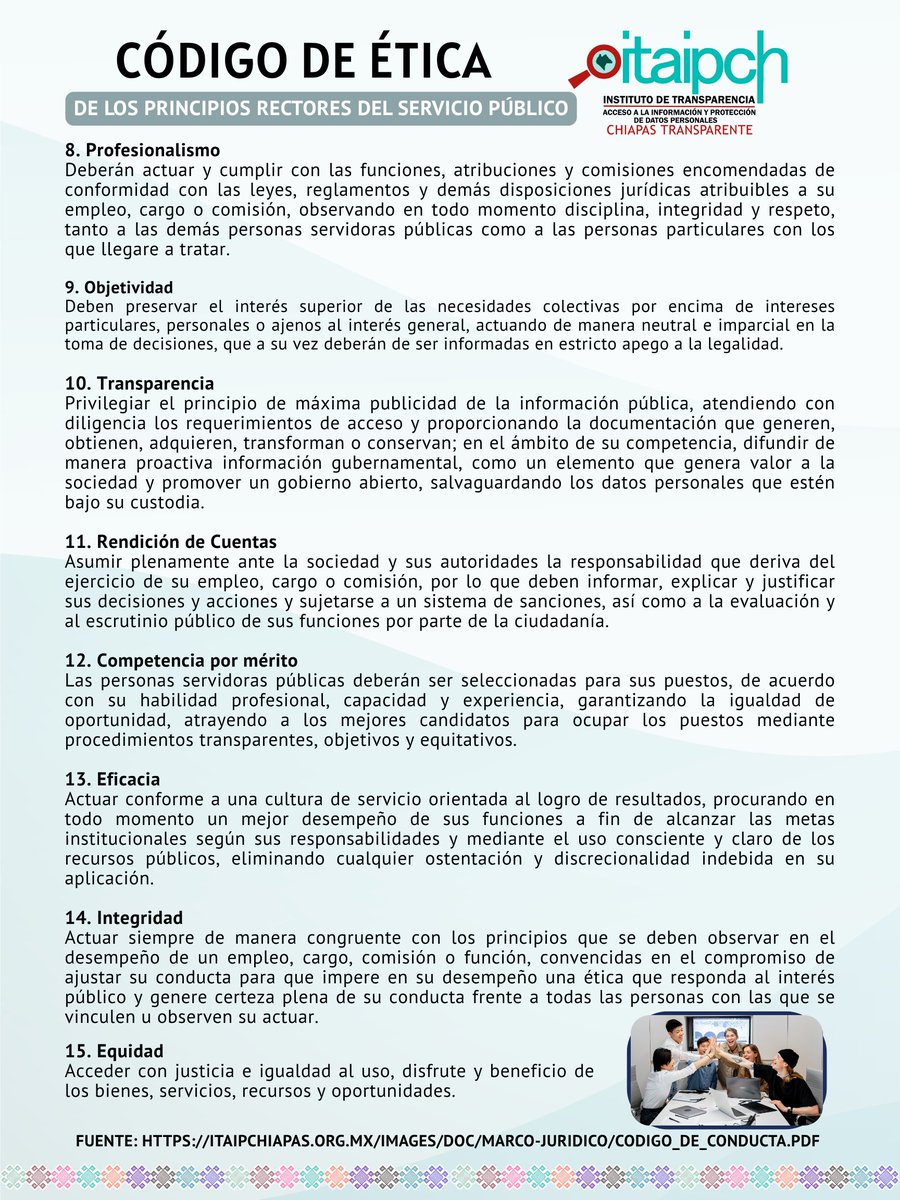 👉En el #DíaPorLaIntegridad recordemos que es lapiedra angular de la transparencia en el combate efectivo a la corrupción,  la honestidad y la ética son los cimientos de una sociedad justa y próspera.
Te compartimos el código de ética del #ITAIPChiapas 
#integridad