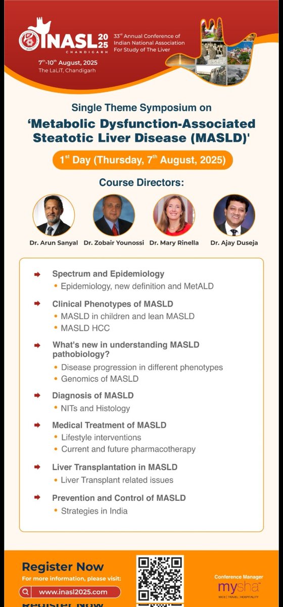INASL_Liver's tweet image. INASL-2025
7th - 10th August, 2025
Chandigarh
Single Theme Symposium on MASLD - 7th August (Thursday)