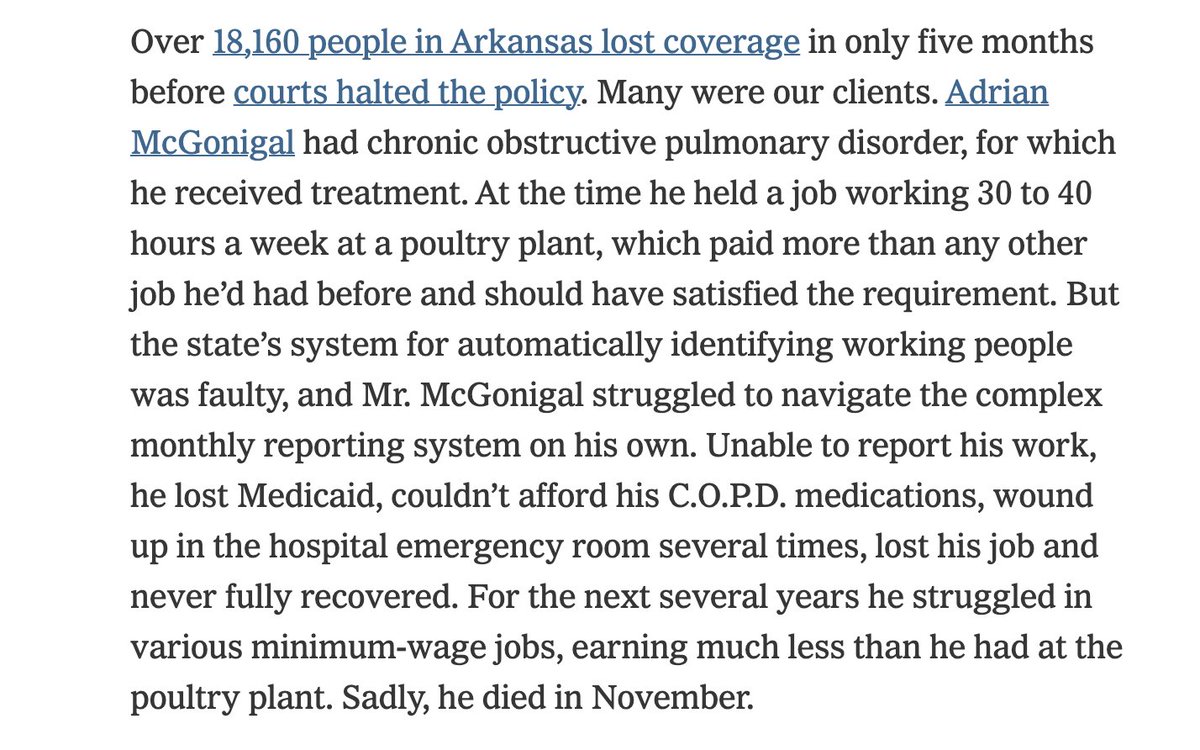 Jake Lahut (@jakelahut) on Twitter photo Really interesting NYT op-ed that zooms in on the Medicaid work requirements in Arkansas — which the state govt ultimately ditched — and how the employment verification process could repeat itself at the federal level: Really interesting NYT op-ed that zooms in on the Medicaid work requirements in Arkansas — which the state govt ultimately ditched — and how the employment verification process could repeat itself at the federal level: