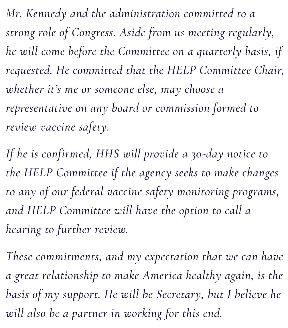 DKThomp's tweet photo. In February, GOP Sen. Cassidy, a physician, said "the basis of my support" for RFK was a promise that to consult the Senate Committee on Health, Education, Labor and Pensions before making changes to vaccine safety programs.

Then RFK got the job and, in ~4 months, fired all the CDC vaccine panel experts without alerting HELP.