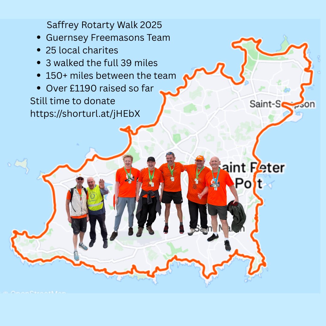 Saffrey Rotarty Walk 2025 
Guernsey Freemasons Team
25 local charites
3 walked the full 39 miles
150+ miles between the team 
Over £1190 raised so far
Still time to donate 
shorturl.at/jHEbX #freemasonsCI #freemasons #Guernsey #SRW2025 #SaffreySelfie #GuernseyFreemasons
