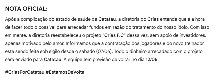 CriasSAF's tweet image. NOTA OFICIAL: O Crias voltou.

#CriasPorCatatau
#EstamosDeVolta
#TamoJuntoNoCampoDeBatalha