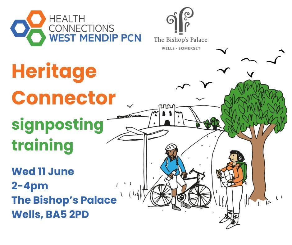 On 11 June, we're hosting a Heritage Connector signposting training in partnership with &amp; located at the Bishop's Palace, BA5 2PD, 2-4pm. Join us to explore the links &amp; evidence connecting heritage &amp; wellbeing, plus ways to signpost others. Contact Fen Bagias to book-07538 546139