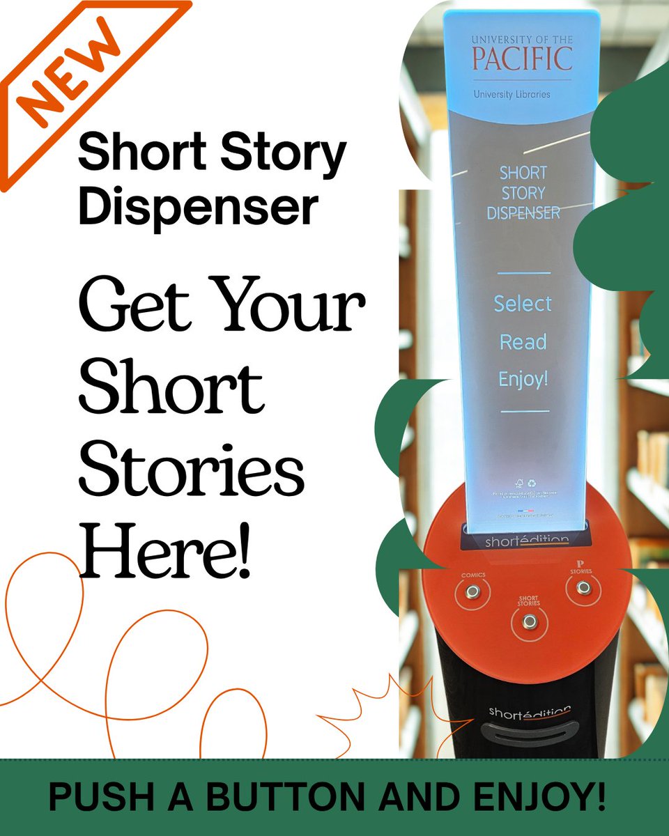 Come try out the new Short Story Dispenser at the library! Grab a quick comic strip, a 1-5 minute short story, or a work by a Pacific student. 
Select Read Enjoy!