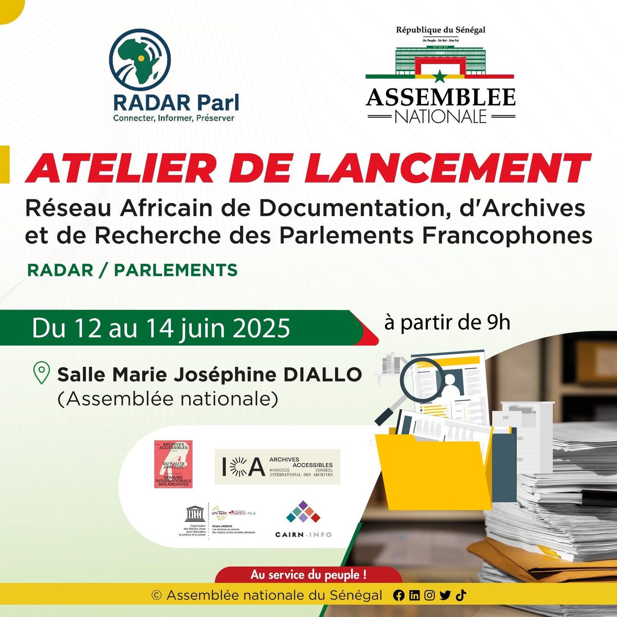 asbadsn's tweet photo. 📢 L’#ASBAD est honorée de participer à l’atelier de lancement du Réseau Africain de #Documentation, d’Archives et de Recherche des Parlements Francophones (#RADAR/#Parlements), qui se tiendra du 12 au 14 juin 2025 à la Salle Marie Joséphine DIALLO de l’Assemblée Nationale du 👇🏽 https://t.co/agY3C9HdYL