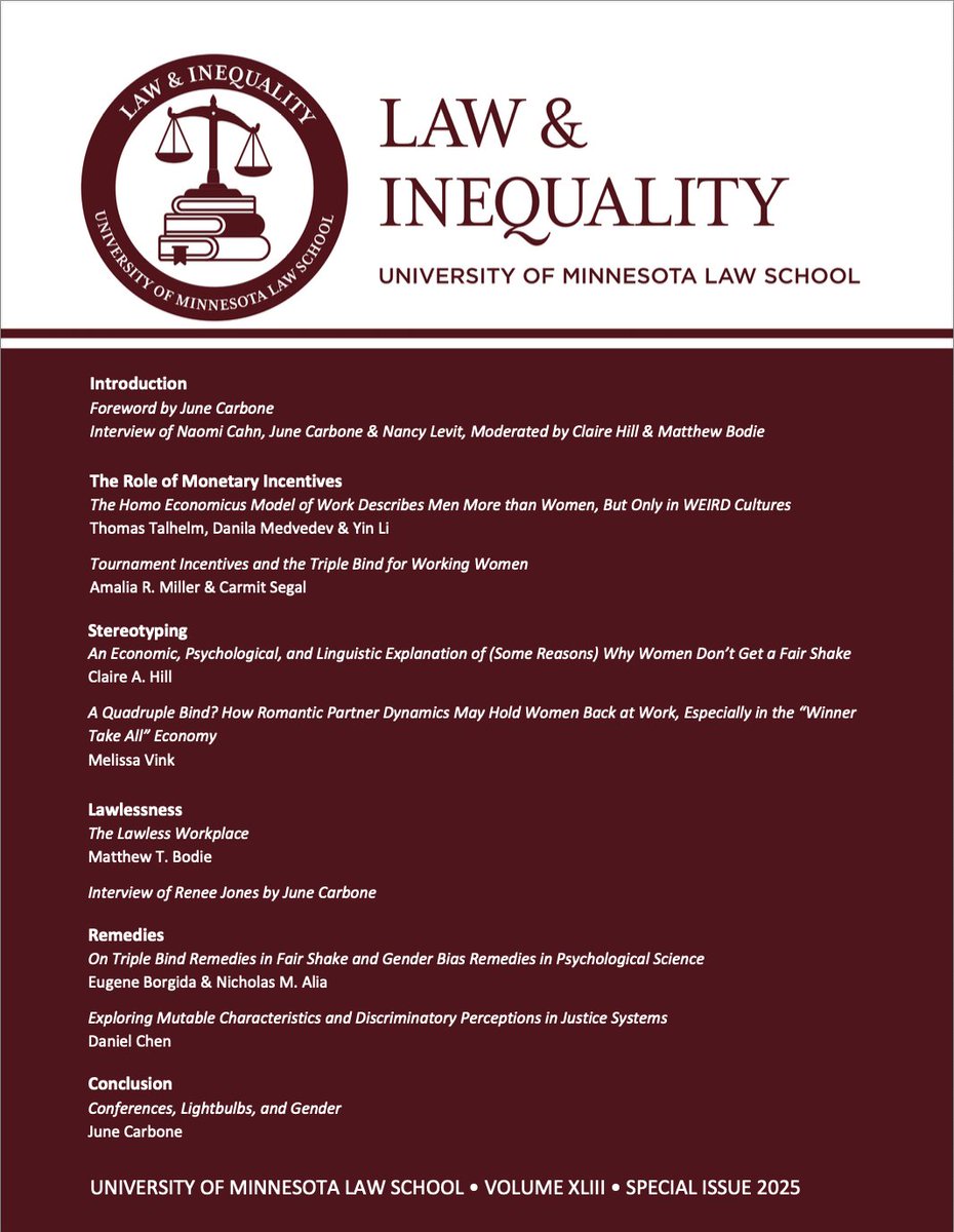 This Special Issue compiles an interdisciplinary analysis of the role of women in today’s workplaces, the persistence of gender disparities, the multi-faceted causes, and the interrelationship between women’s fate and other proposals for business reform.

 lawandinequality.org/issue/volume-4…