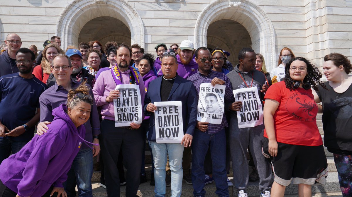 SEIU26's tweet image. DAVID IS RELEASED! Earlier today we joined thousands of people across the country to demand #FreeDavidEndRaids, and this news just came in! He still faces an unjust felony charge. The fight continues, but we are filled with joy that our friend is released!