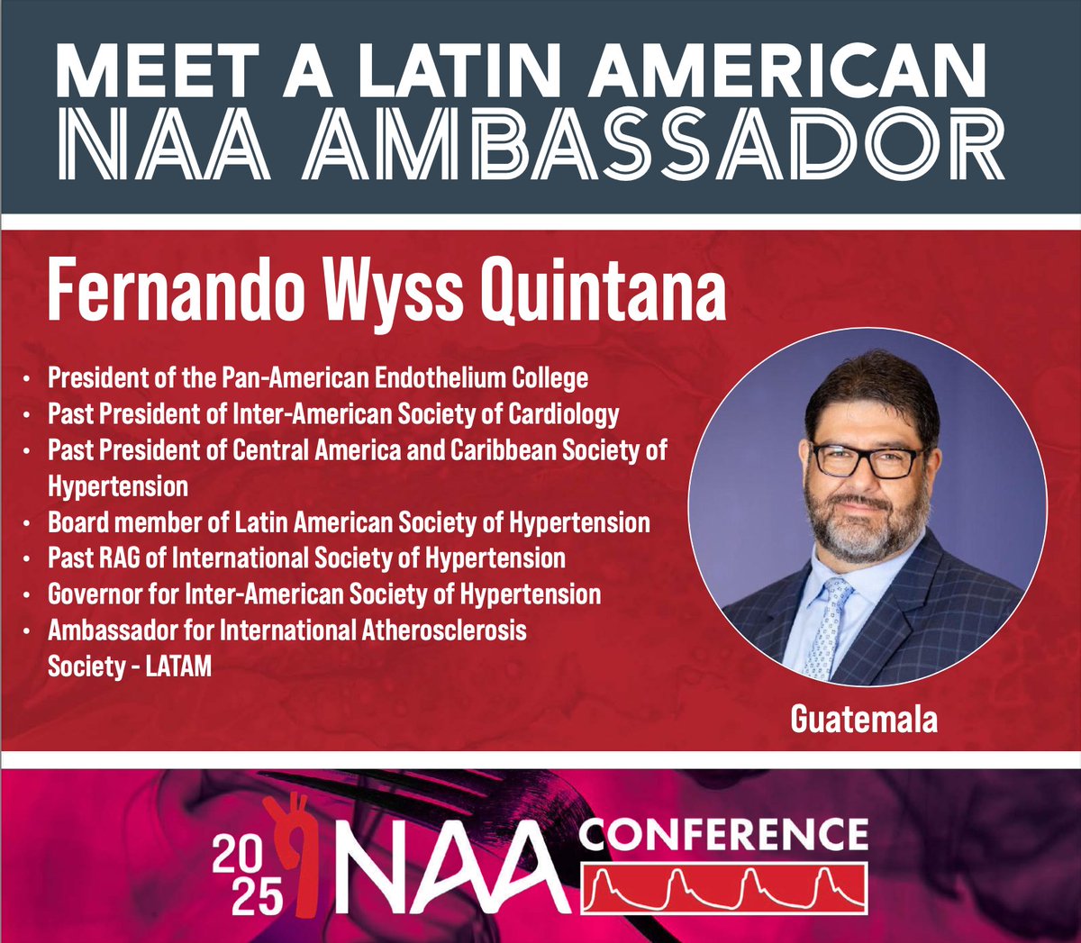 NAASociety's tweet image. 🌟Welcoming Dr. Fernando Wyss Quintana as NAA’s Latin American Ambassador from Guatemala!
Expanding our shared mission to promote cardiovascular health across borders.
@SIAC_cardio @ISHBP @atherosociety @LASH02275965
#NAArtery #GuatemalaToNAA #CardiovascularHealth
