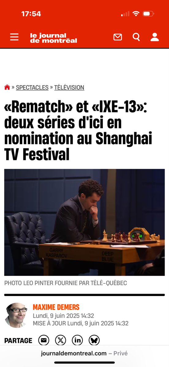Tournée avec des vedettes internationales (Christian Cooke, Aidan Quinn, Sarah Bolger), REMATCH de <a href="/yanengland/">YAN ENGLAND</a> relate le match d’échecs historique entre Garry Kasparov et le superordinateur Deep Blue. IXE-13 est une série d’espionnage. Lire <a href="/MDemersJDM/">Maxime Demers</a> 👇

journaldemontreal.com/2025/06/09/rem…