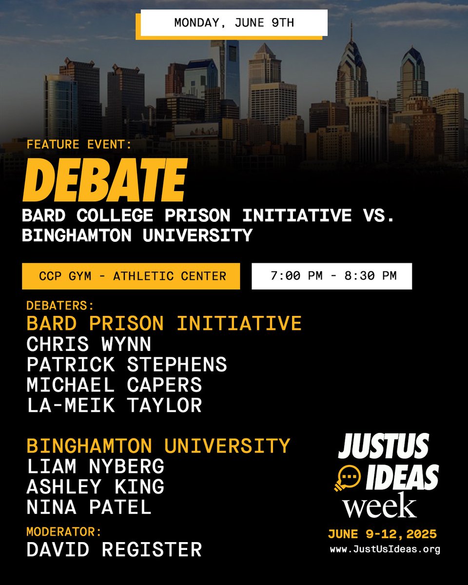 JustUsIdeas's tweet photo. Two brilliant teams. One powerful stage.
Bard Prison Initiative faces off with Binghamton University in a live debate featuring voices directly impacted by the justice system.

🗓️ June 9–12 | 📍Philly
🔗 Register now: https://t.co/9zdOa3ROdq https://t.co/Os9QMncQHN