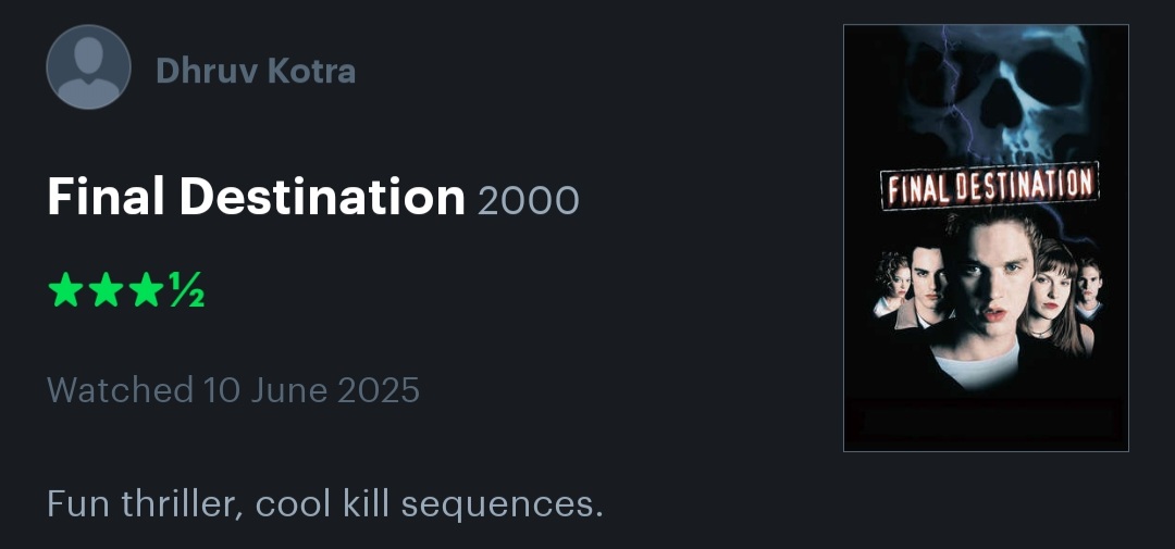 Artok_812's tweet image. My review of #FinalDestination on #Letterboxd
boxd.it/9XkVqt

Thank you #JamesWong

#MovieReviews #Cinema #ActionThriller #Horror #MovieNerd