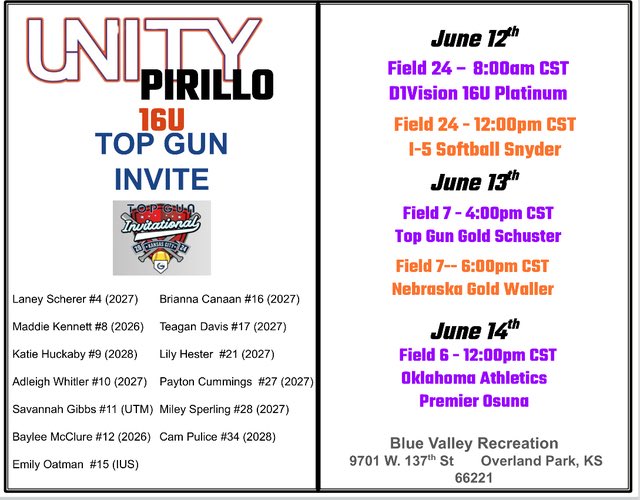 Kansas City schedule this weekend. Can’t wait to get on the field with this team!! <a href="/UnityPirillo/">Unity Pirillo</a> <a href="/FCGrizSoftball/">Franklin College Softball</a> <a href="/TMU_Softball/">Thomas More University Softball</a>
<a href="/Coach_Tarter/">Heather Tarter</a> <a href="/McKendreeSB/">McKendree Softball</a> <a href="/tfost00/">Travis Foster</a>
<a href="/FurreyFastpitch/">Gina Furrey Buhse</a> 
<a href="/coachferrell15/">Ben Ferrell</a> <a href="/StowersTommi/">❁Tommi Stowers❁</a> 
<a href="/Coach_Erin7/">Erin Templeman</a> <a href="/Coach_Zimny/">Z</a> <a href="/timadmiral25/">Tim Averill</a>