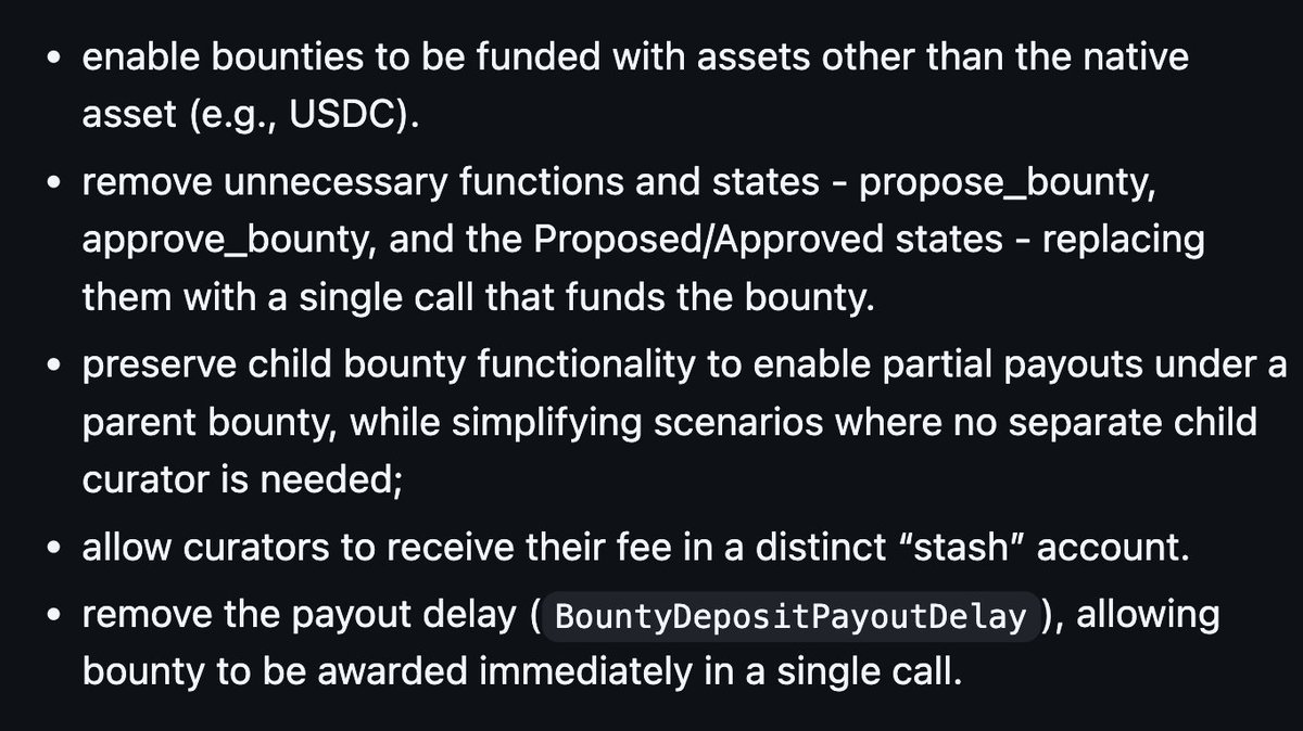 Jay Chrawnna 🐂⭕️ (@gldncalf) on Twitter photo New Bounty Pallet proposed by the legend <a href="/Big_Tava/">Tiago Tavares ⭕️</a>!
Kills the Bounty pain and introduces ESSENTIAL new features like multi-asset management and the ability to pay out directly without Child Bounties 🤌
Check it out and comment on GitHub asap!
github.com/paritytech/pol… New Bounty Pallet proposed by the legend <a href="/Big_Tava/">Tiago Tavares ⭕️</a>!
Kills the Bounty pain and introduces ESSENTIAL new features like multi-asset management and the ability to pay out directly without Child Bounties 🤌
Check it out and comment on GitHub asap!
github.com/paritytech/pol…