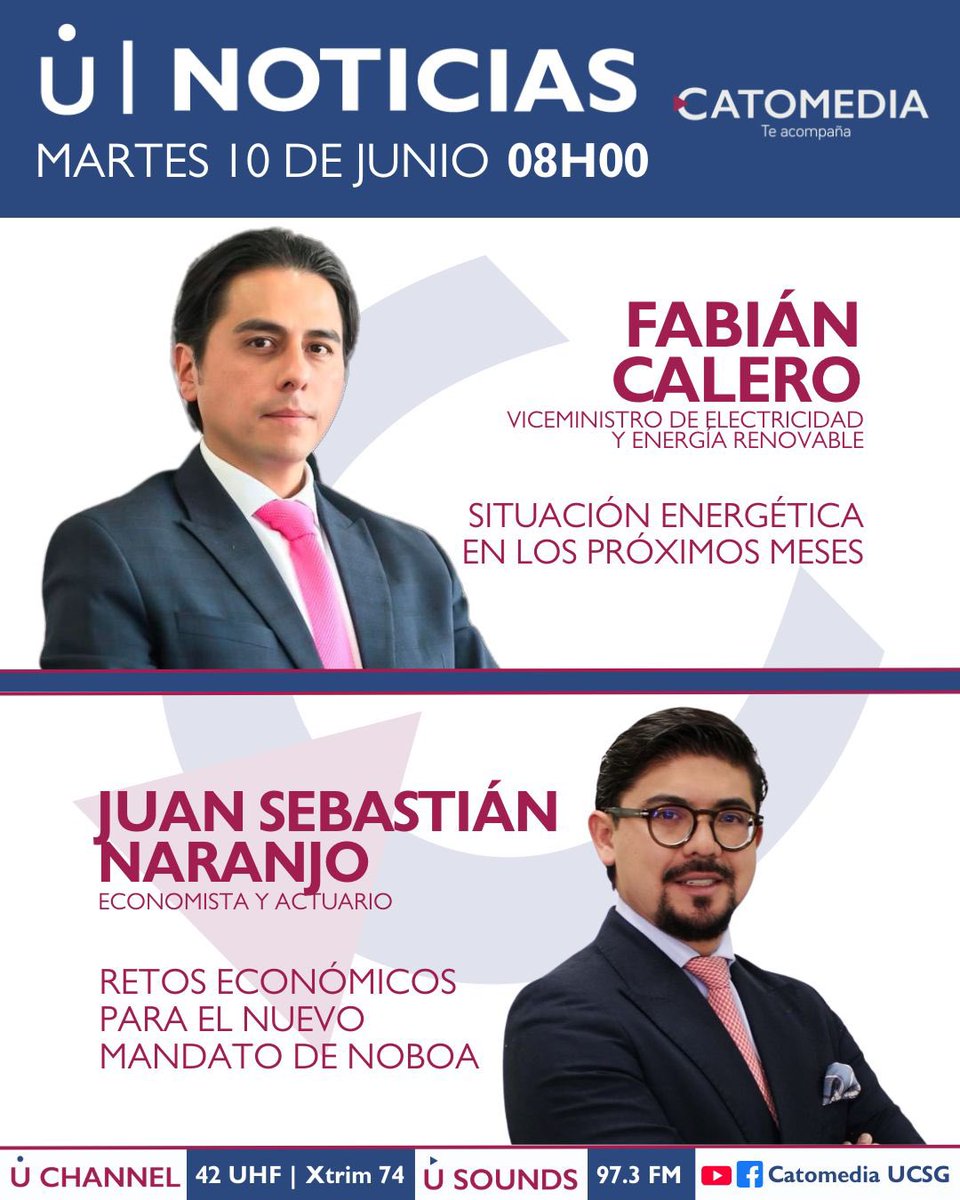 Catomedia (@catomedia_ucsg) on Twitter photo 🚨Este MARTES en U Noticias nos acompañan:
✅ Fabián Calero, viceministro de Electricidad y Energía Renovable
✅ Juan Sebastián Naranjo (<a href="/JSNaranjo_act/">Juan Sebastián Naranjo</a>), economista
Por Catomedia📱 🔴YouTube🔵Facebook 🚨Este MARTES en U Noticias nos acompañan:
✅ Fabián Calero, viceministro de Electricidad y Energía Renovable
✅ Juan Sebastián Naranjo (<a href="/JSNaranjo_act/">Juan Sebastián Naranjo</a>), economista
Por Catomedia📱 🔴YouTube🔵Facebook