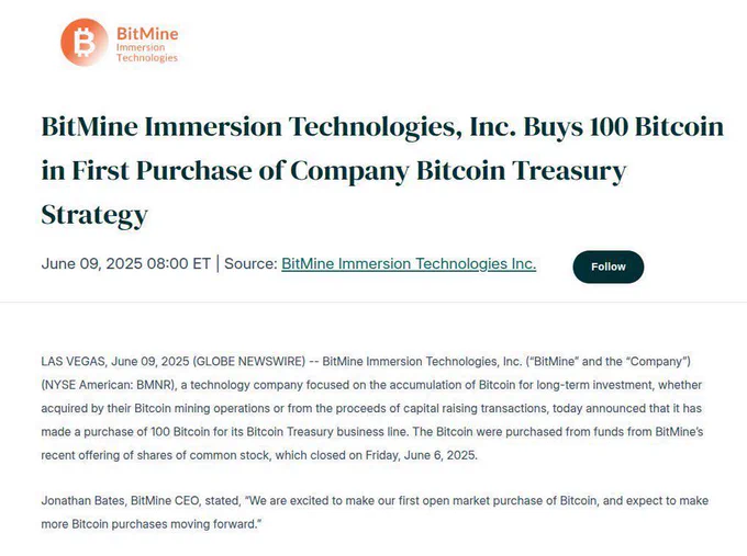 🚨 BREAKING: BitMine Immersion Technologies acquista 100 Bitcoin: è il primo investimento nella criptovaluta!