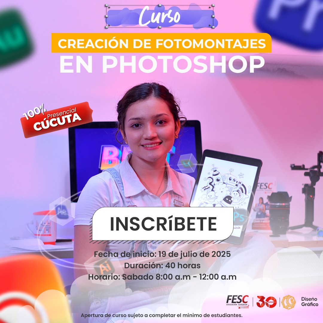 Complementa tu formación con este curso que ofrece la 𝗙𝗘𝗦𝗖🤯 Aprende a crear fotomontajes implementando la herramienta de diseño Photoshop 😎 ¡Apresúrate! Son cupos limitados 👉 Inscríbete ya 👉 3189480673 / wa.link/a3e0pp

<a href="/fesc_superior/">FESC</a>