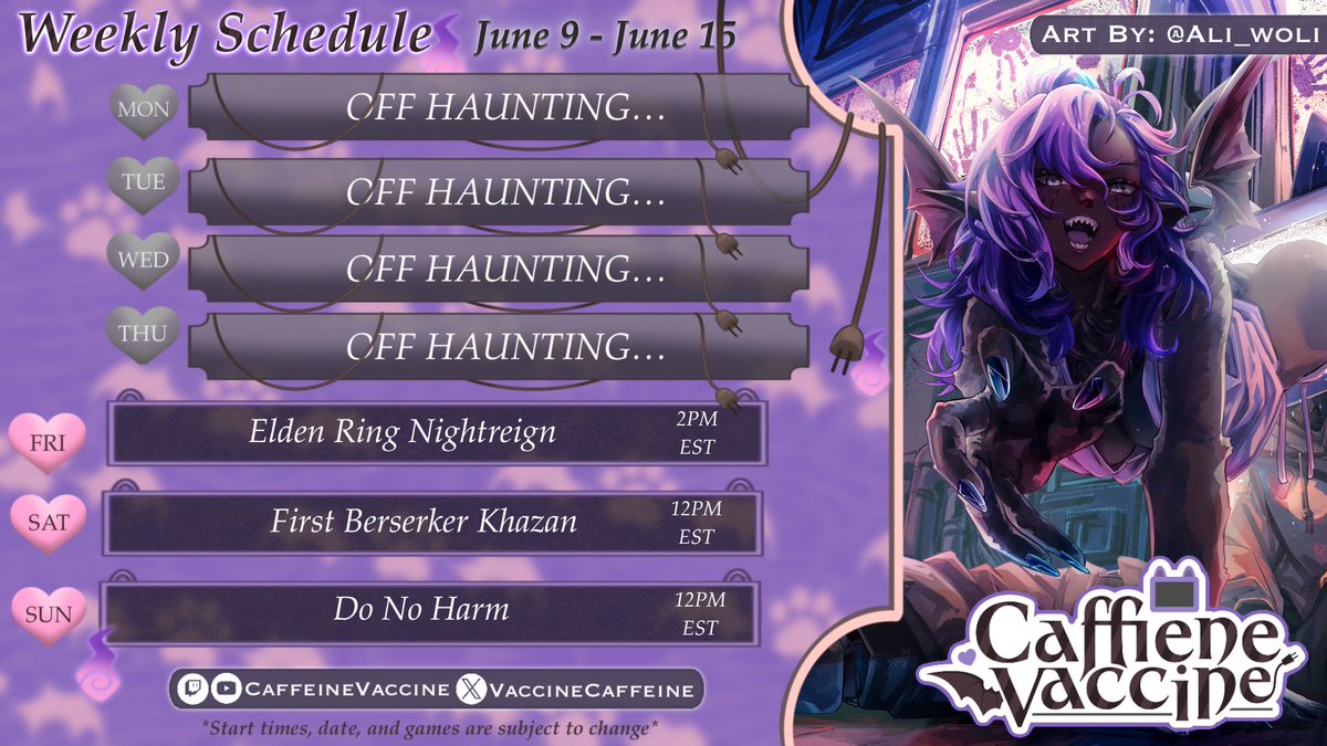 CaffeineVaccine ๐บ๐ป (@vaccinecaffeine) on Twitter photo ~June 9th - June 15th Schedule~
Friday: Elden Ring Nightreign Collab with <a href="/Writesout/">๐๏ธ๐Writesout - Draconic Radio Host Vtuber</a> and @/Polarislost
Saturday: Getting back into Khazan. Ozma WILL die. He will.
Sunday: Do No Harm ~June 9th - June 15th Schedule~
Friday: Elden Ring Nightreign Collab with <a href="/Writesout/">๐๏ธ๐Writesout - Draconic Radio Host Vtuber</a> and @/Polarislost
Saturday: Getting back into Khazan. Ozma WILL die. He will.
Sunday: Do No Harm