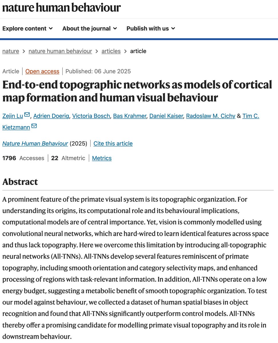DailyHealthcareAI (@aipulserx) on Twitter photo How can we build neural networks that develop the same topographic organization as primate visual cortex and better predict human spatial visual behavior?<a href="/NatureHumBehav/">Nature Human Behaviour</a>
"End-to-end topographic networks as models of cortical map formation and human visual behaviour"
• The How can we build neural networks that develop the same topographic organization as primate visual cortex and better predict human spatial visual behavior?<a href="/NatureHumBehav/">Nature Human Behaviour</a>
"End-to-end topographic networks as models of cortical map formation and human visual behaviour"
• The