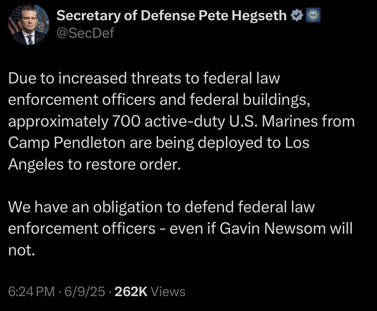 Martial law without a legal declaration. Just grab Marines and do what you want with them. This is why Trump appointed Hegseth.