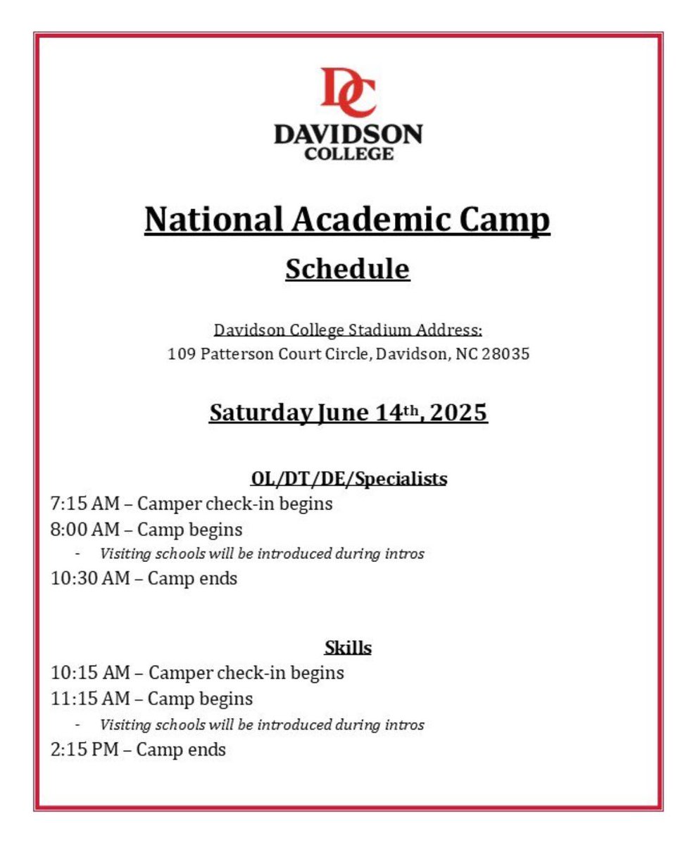 Limited Spots Remaining for this Saturday!
Don’t miss out on a Great Opportunity!

Sign up here: davidsonfootball.totalcamps.com/About%20Us