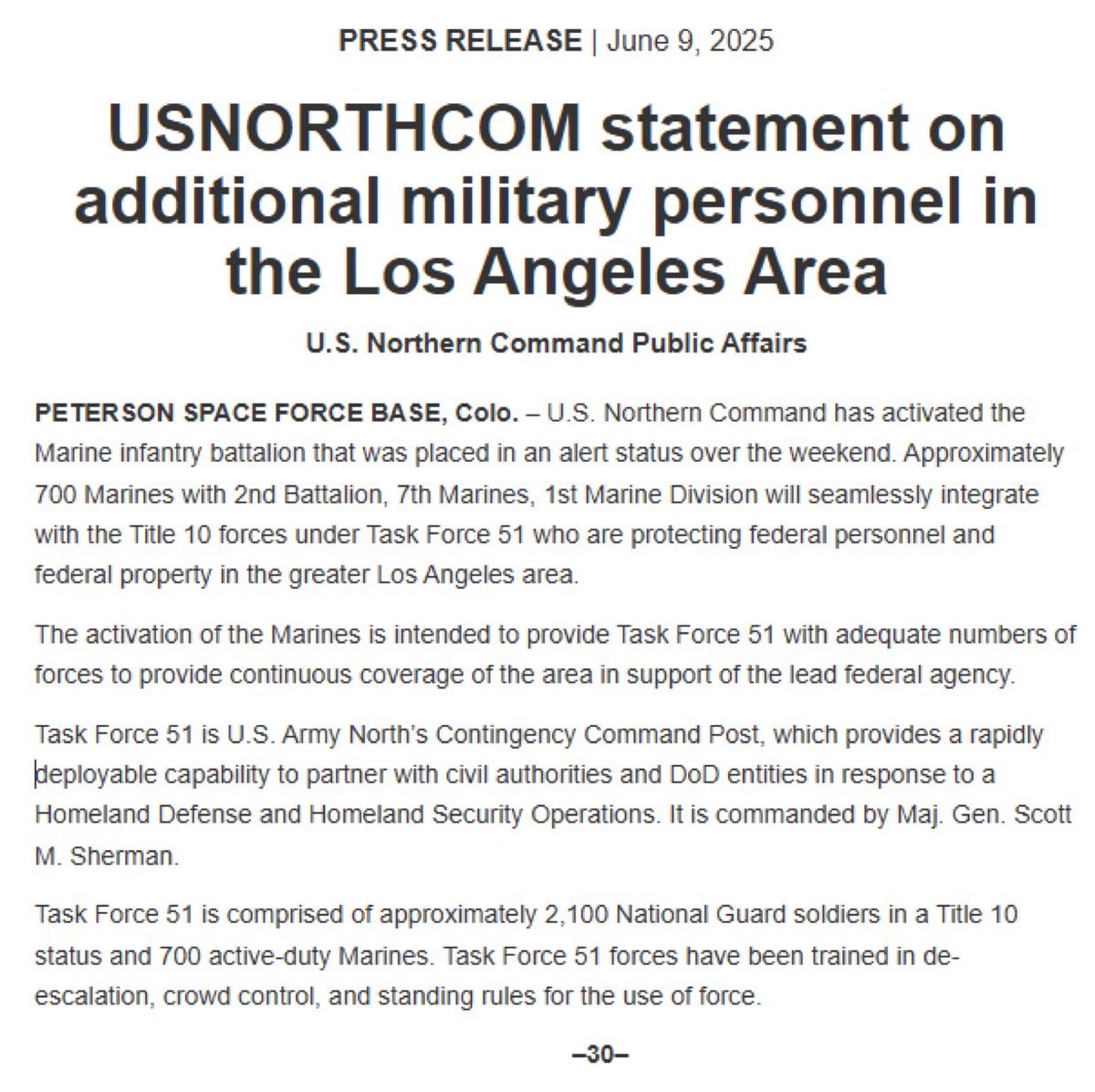 🚨Update: US Northern Command creates Task Force 51 - with 2,100 Federal National Guard troops and 700 US Marines! They have orders to STOP the insurrection in California and restore order!!