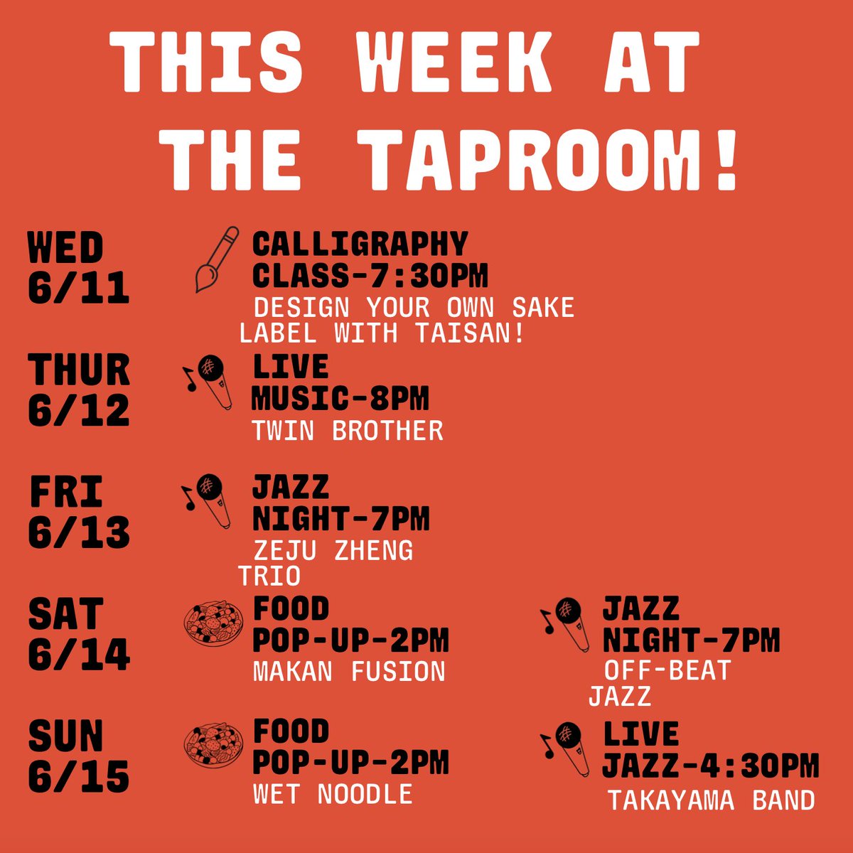 Lots of events, new and familiar, to keep us occupied and drinking sake this week! For more info check out our site:

katosakeworks.com/events

*1 drink minimum for live music events, $10 suggested donation for performers encouraged.

See you soon!